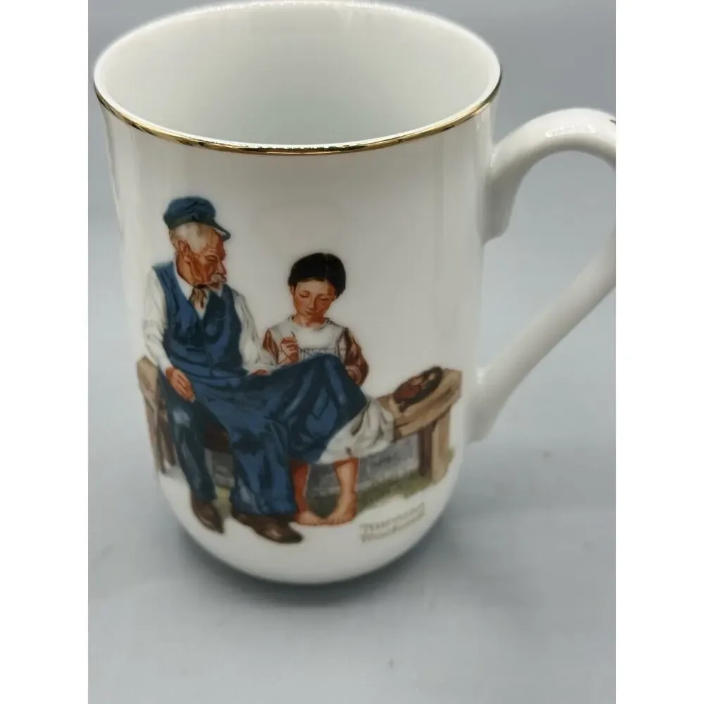 Set 5 Norman Rockwell Museum Coffee Mugs Japan Gold Rim Vintage Cups
